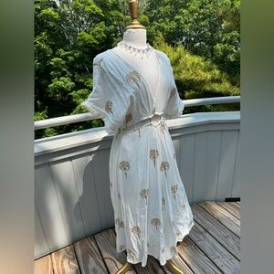 Z & L Europe White Maxi Dress w Gold Lurex Palm Trees S Great for Summer Party
